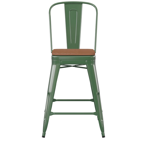 Green/Teak |#| All-Weather Commercial Counter Stool with Removable Back/Poly Seat-Green/Teak