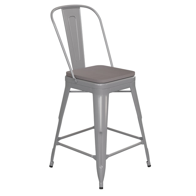 Kai Commercial Grade 24" High Metal Indoor-Outdoor Counter Height Stool with Removable Back and All-Weather Poly Resin Seat - View 1