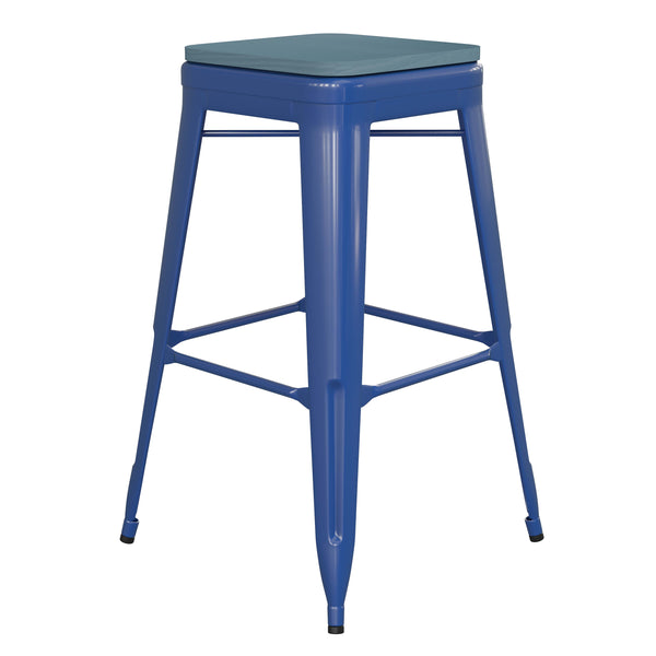 Blue/Teal-Blue |#| Indoor/Outdoor Backless Bar Stool with Poly Seat - Blue/Teal-Blue