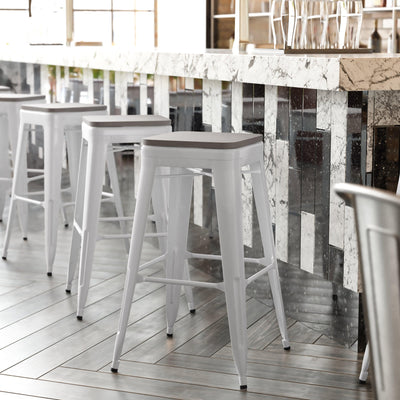 Kai Commercial Grade 30" High Backless Metal Indoor-Outdoor Bar Height Stool with Poly Resin Wood Seat - View 2