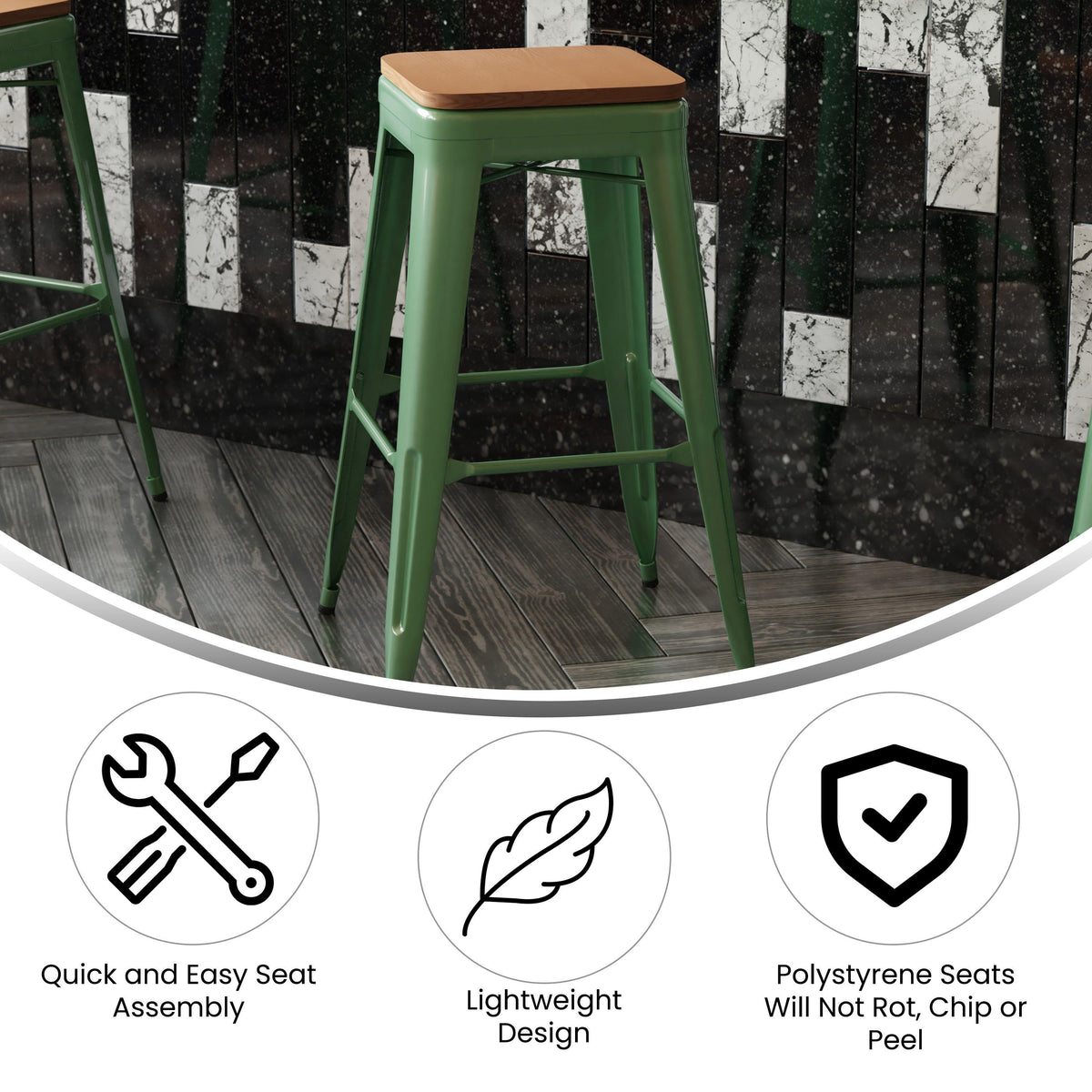 Green/Teak |#| Indoor/Outdoor Backless Bar Stool with Poly Seat - Green/Teak