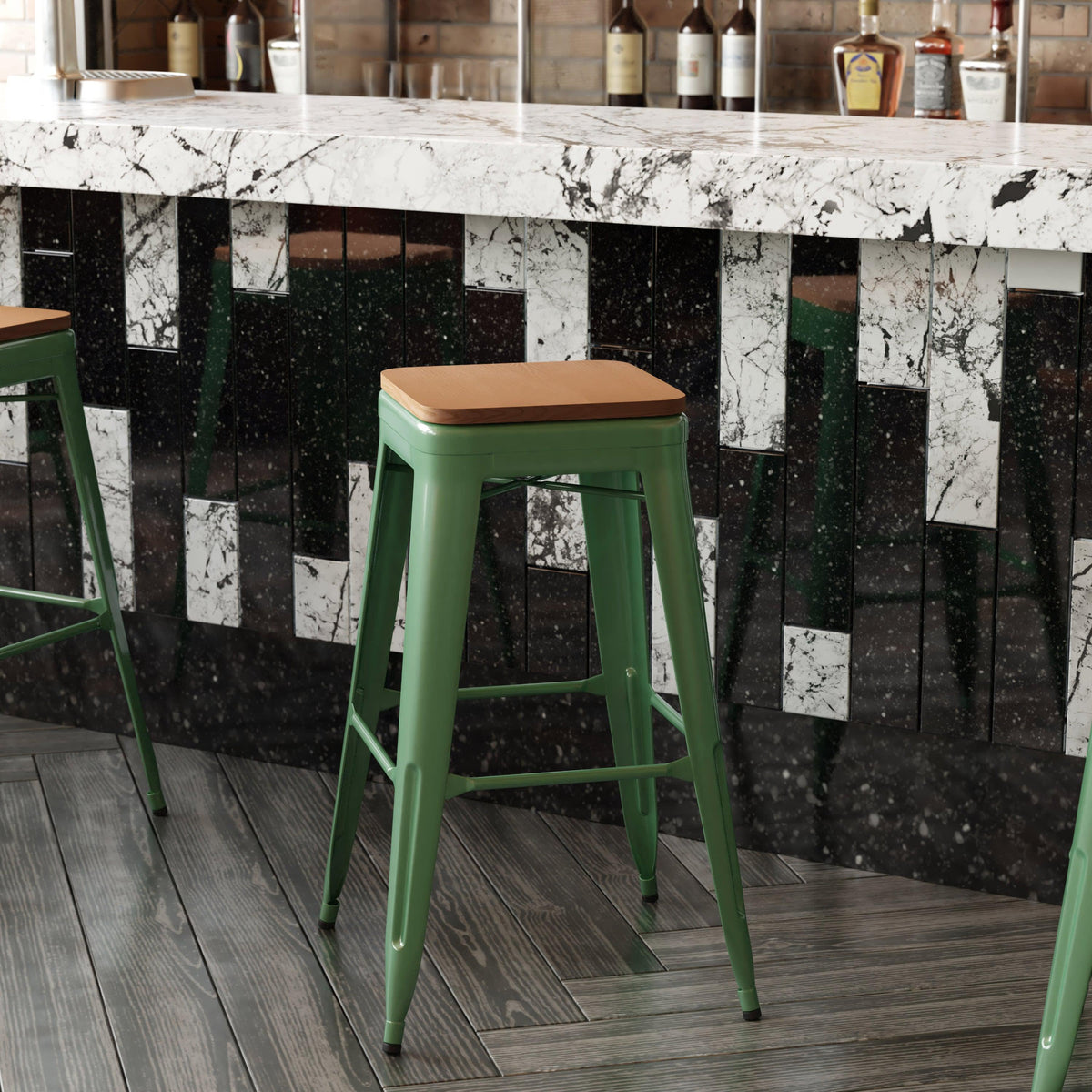 Green/Teak |#| Indoor/Outdoor Backless Bar Stool with Poly Seat - Green/Teak