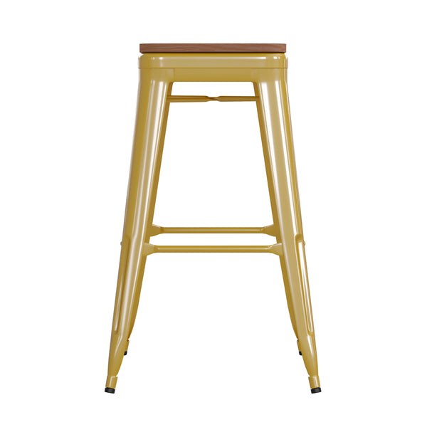 Yellow/Teak |#| Indoor/Outdoor Backless Bar Stool with Poly Seat - Yellow/Teak