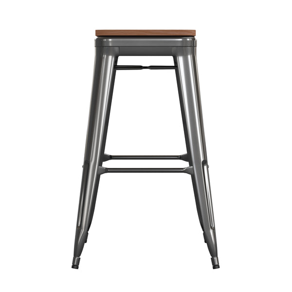 Black/Teak |#| Indoor/Outdoor Backless Bar Stool with Poly Seat - Black/Teak