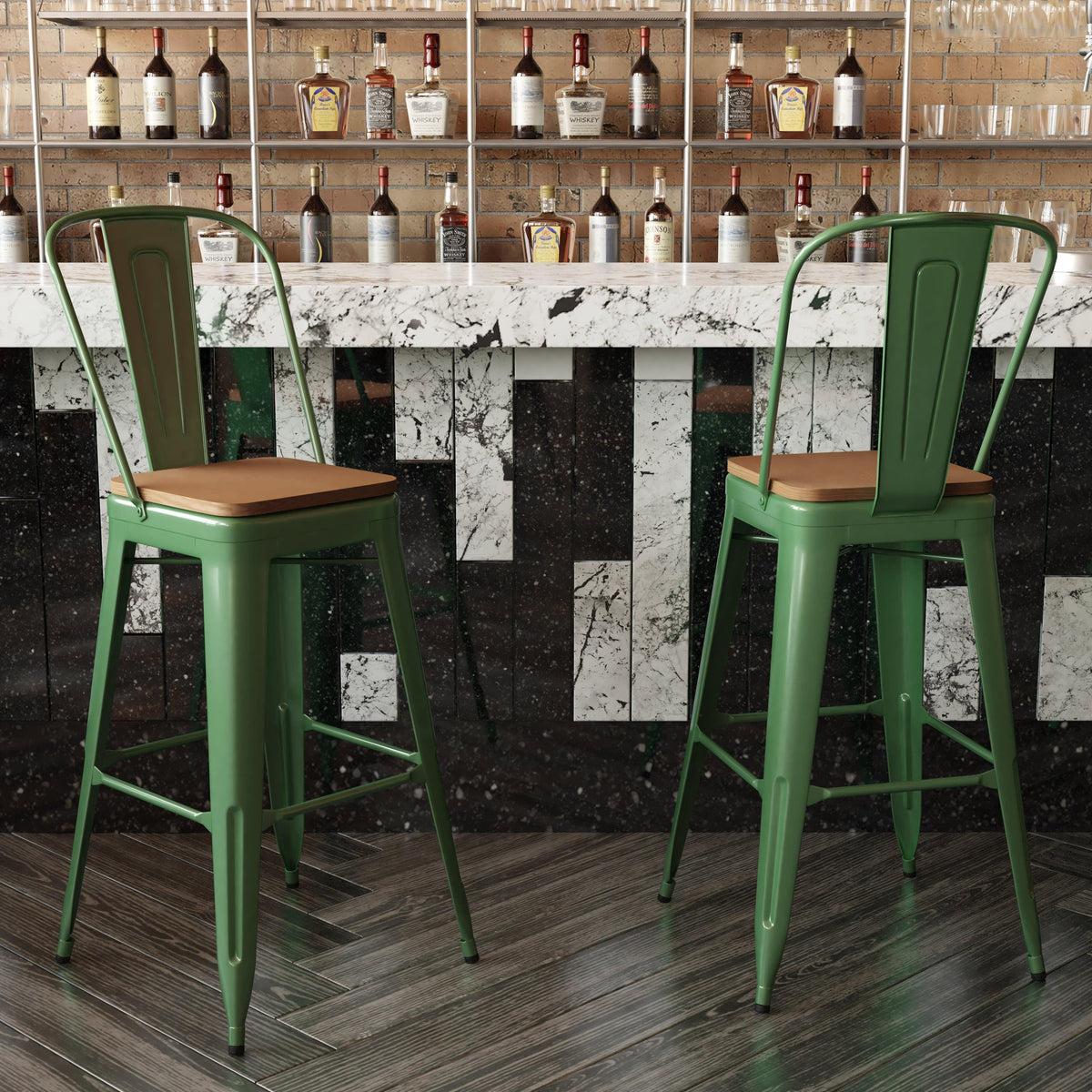 Green/Teak |#| All-Weather Commercial Bar Stool with Removable Back/Poly Seat-Green/Teak