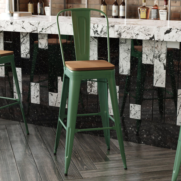 Green/Teak |#| All-Weather Commercial Bar Stool with Removable Back/Poly Seat-Green/Teak