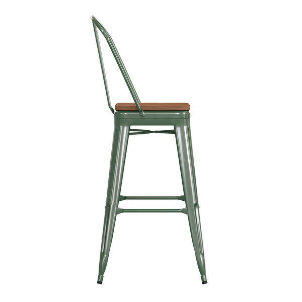 Green/Teak |#| All-Weather Commercial Bar Stool with Removable Back/Poly Seat-Green/Teak