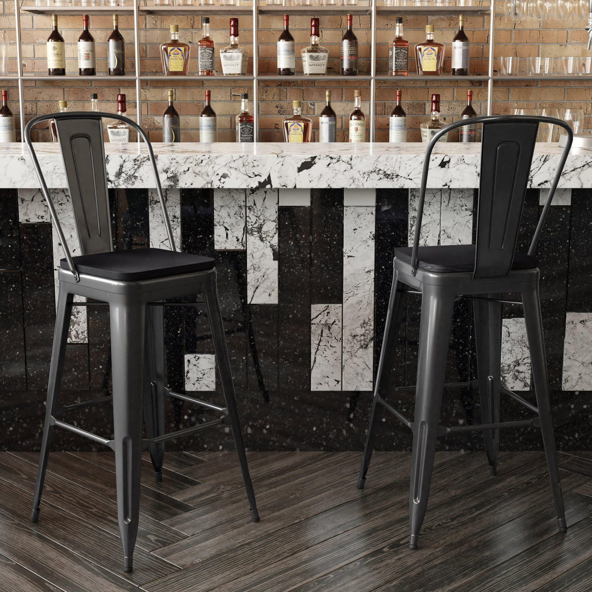 Black/Black |#| All-Weather Commercial Bar Stool with Removable Back/Poly Seat-Black/Black