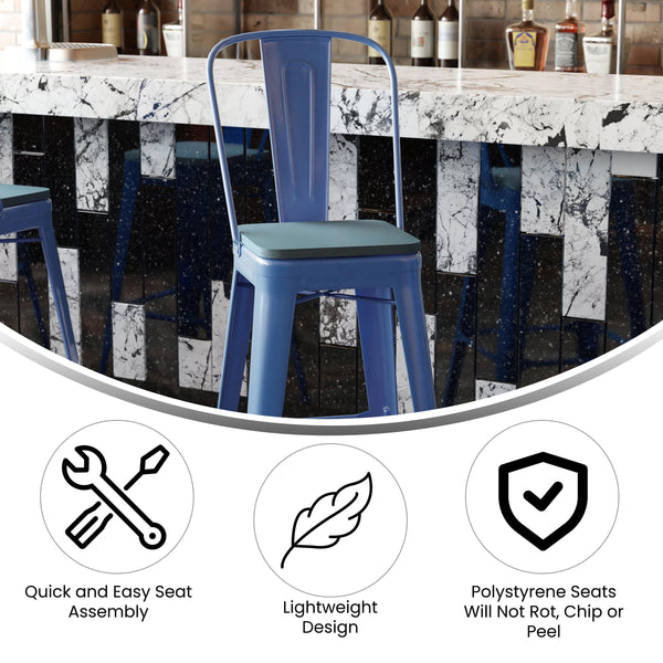 Blue/Teal-Blue |#| All-Weather Commercial Bar Stool with Removable Back/Poly Seat-Blue/Teal