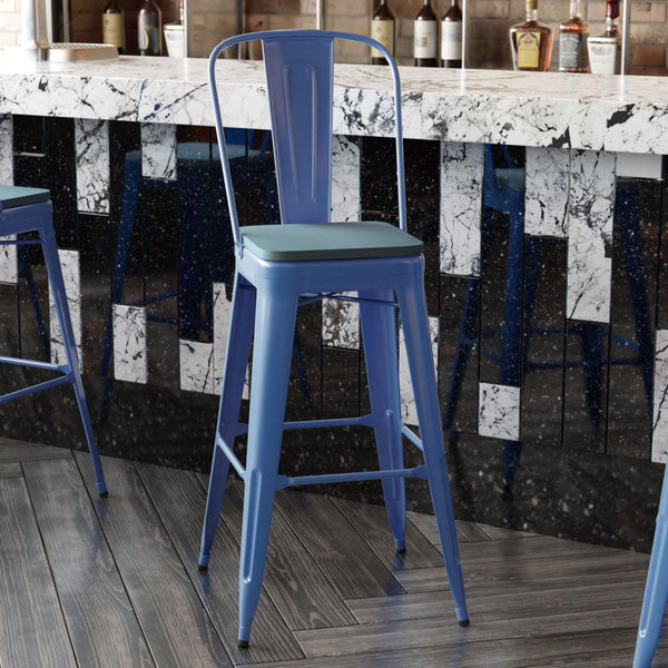 Blue/Teal-Blue |#| All-Weather Commercial Bar Stool with Removable Back/Poly Seat-Blue/Teal