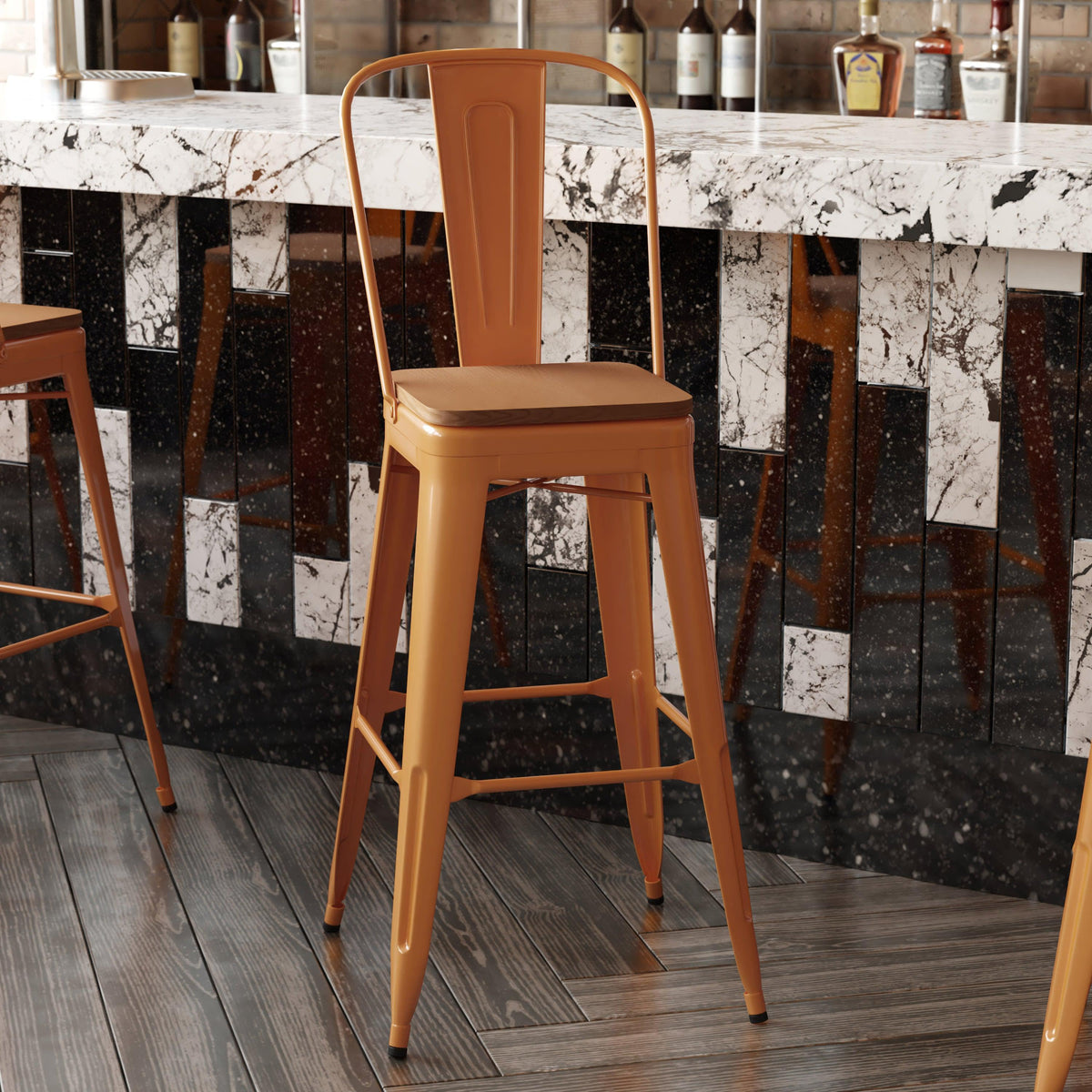 Orange/Teak |#| All-Weather Commercial Bar Stool with Removable Back/Poly Seat-Orange/Teak