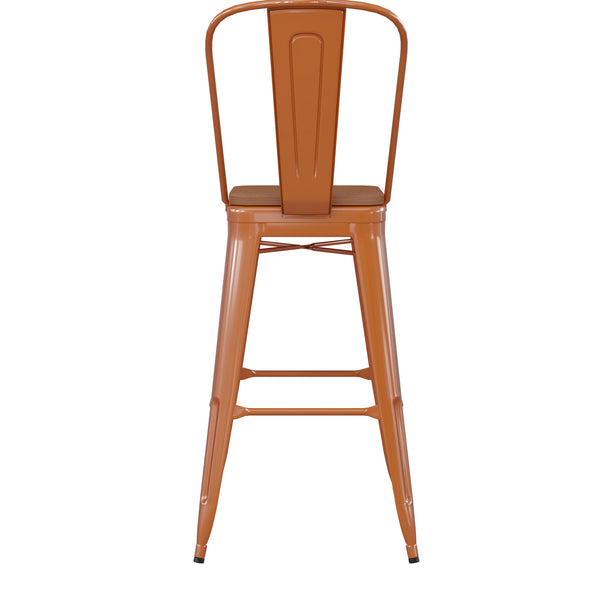 Orange/Teak |#| All-Weather Commercial Bar Stool with Removable Back/Poly Seat-Orange/Teak