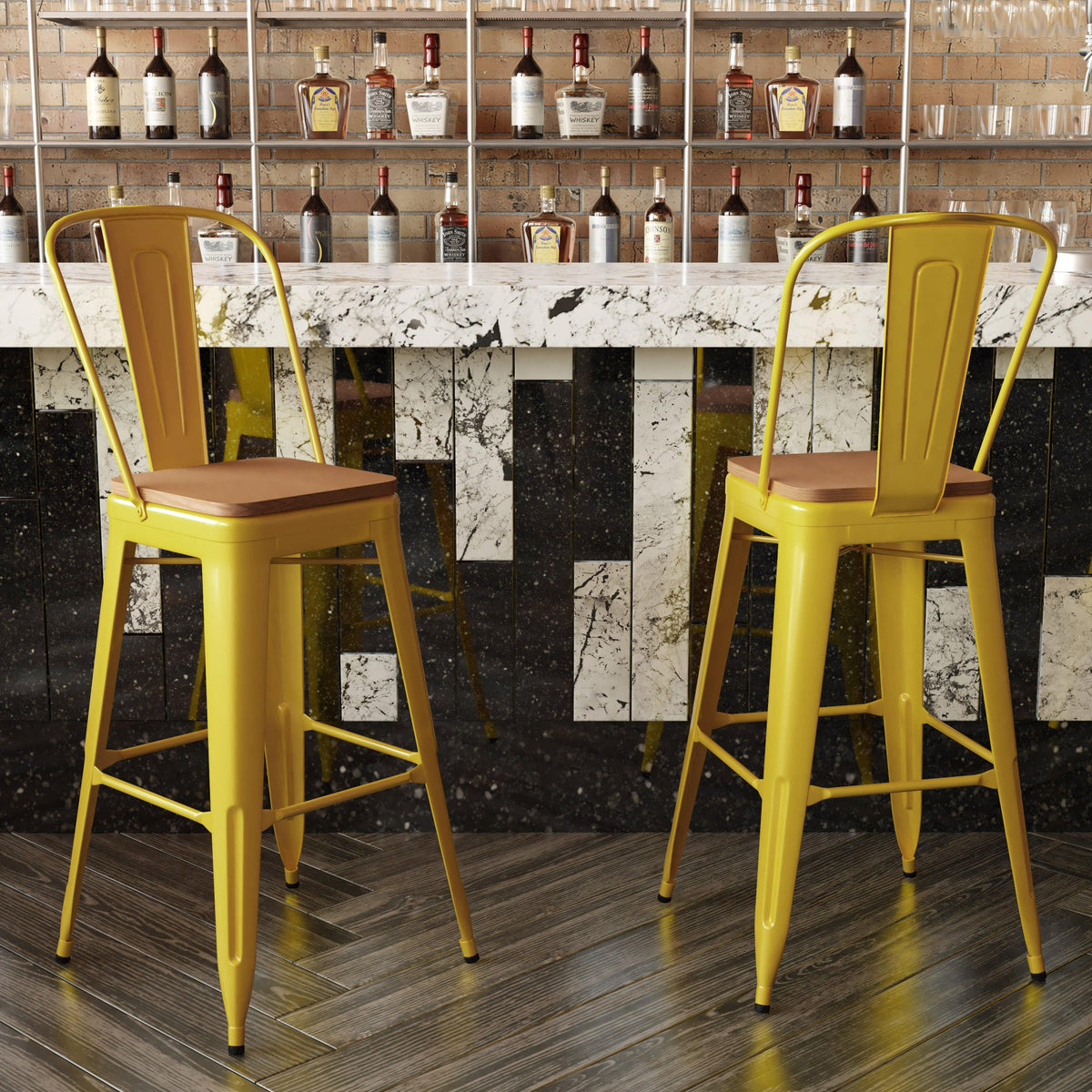 Yellow/Teak |#| All-Weather Commercial Bar Stool with Removable Back/Poly Seat-Yellow/Teak