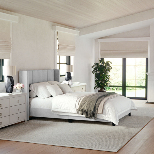 Kay Upholstered Platform Bed with Channel Stitched Wingback Headboard and Cushioned Siderails, Wood Slat Foundation, No Box Spring Needed