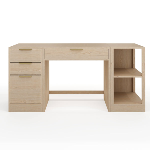 Light Natural |#| Lt. Natural Modular Desk, 2-Tier Shelf & File Cabinet with Brushed Gold Hardware