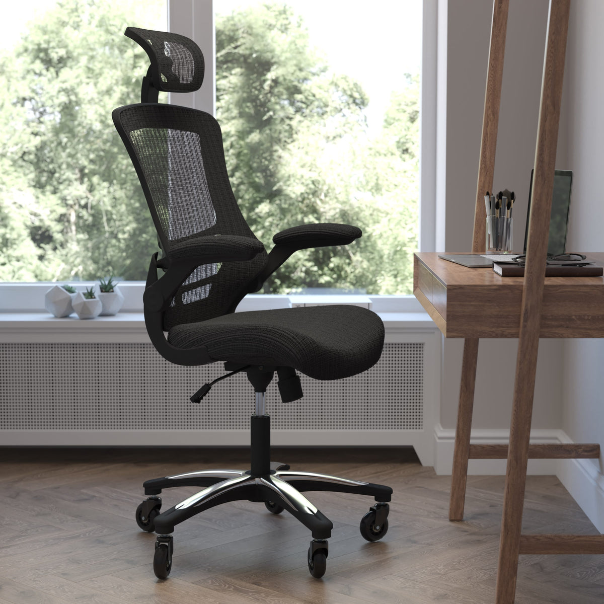 Ergonomic Swivel Task Chair with Roller Wheels & Flip Up Arms - Black Mesh