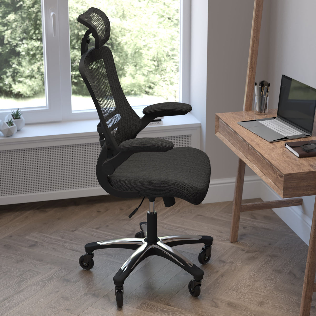 Ergonomic Swivel Task Chair with Roller Wheels & Flip Up Arms - Black Mesh