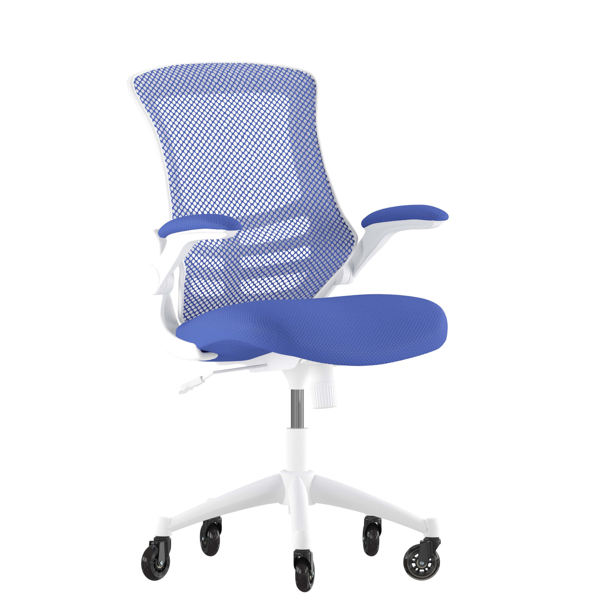 Blue Mesh/White Frame |#| Ergonomic Swivel Task Chair with Roller Wheels & Flip Up Arms - Blue Mesh