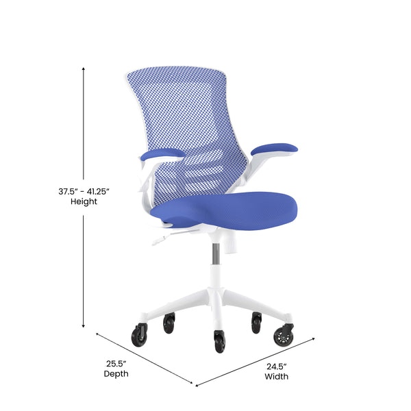 Blue Mesh/White Frame |#| Ergonomic Swivel Task Chair with Roller Wheels & Flip Up Arms - Blue Mesh