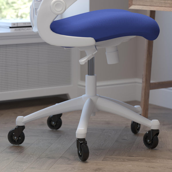 Blue Mesh/White Frame |#| Ergonomic Swivel Task Chair with Roller Wheels & Flip Up Arms - Blue Mesh