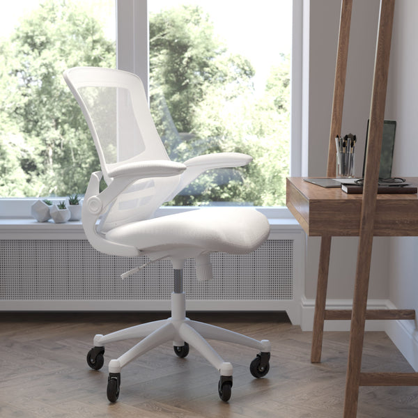 White Mesh/White Frame |#| Ergonomic Swivel Task Chair with Roller Wheels & Flip Up Arms - White Mesh