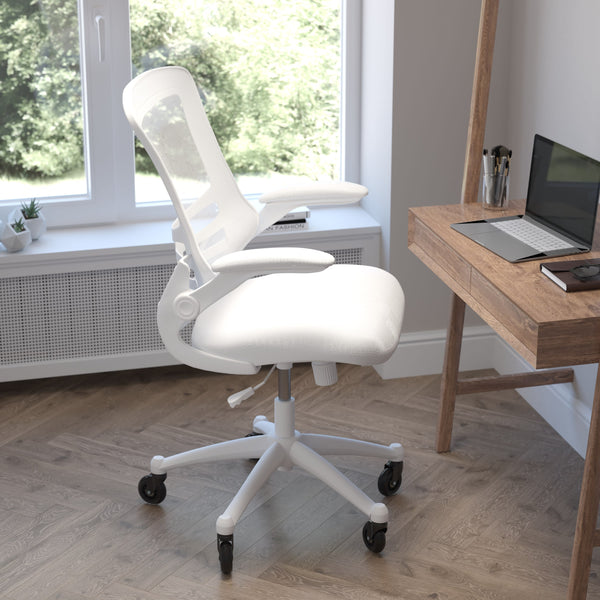 White Mesh/White Frame |#| Ergonomic Swivel Task Chair with Roller Wheels & Flip Up Arms - White Mesh