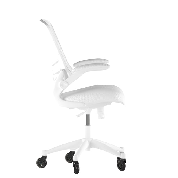 White Mesh/White Frame |#| Ergonomic Swivel Task Chair with Roller Wheels & Flip Up Arms - White Mesh