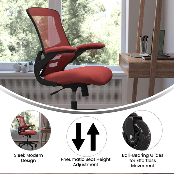 Red Mesh/Black Frame |#| Ergonomic Swivel Task Chair with Roller Wheels & Flip Up Arms - Red Mesh