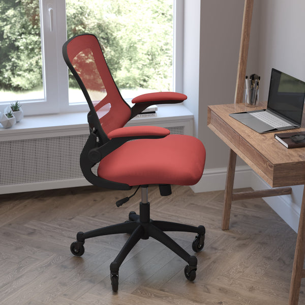 Red Mesh/Black Frame |#| Ergonomic Swivel Task Chair with Roller Wheels & Flip Up Arms - Red Mesh