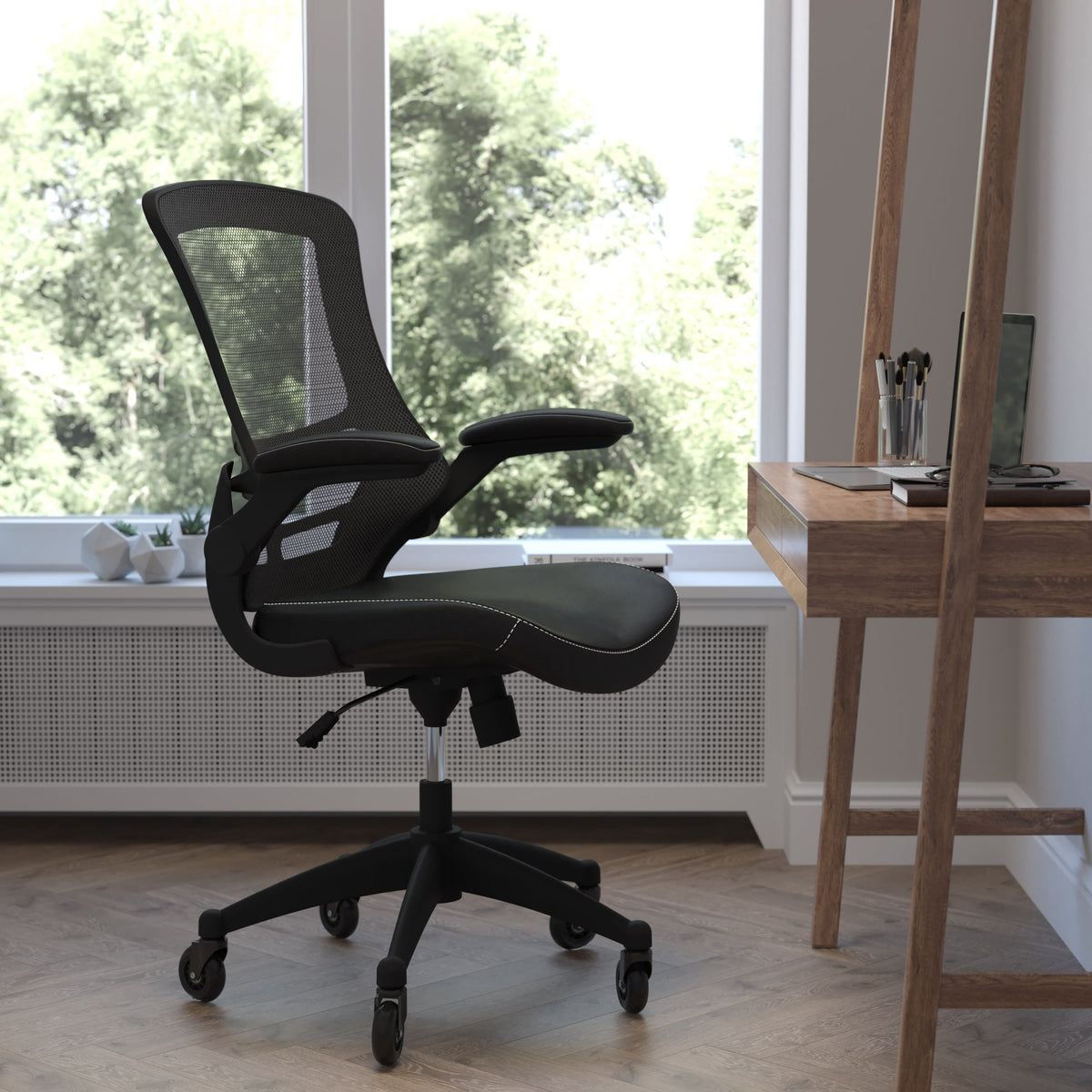 Black Mesh & LeatherSoft/Black Frame |#| Ergonomic Swivel Task Chair with Roller Wheels & Flip Up Arms-Black LeatherSoft