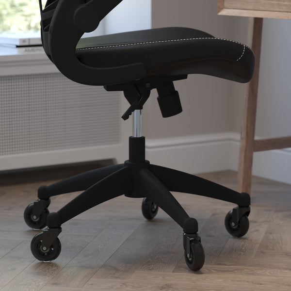 Black Mesh & LeatherSoft/Black Frame |#| Ergonomic Swivel Task Chair with Roller Wheels & Flip Up Arms-Black LeatherSoft