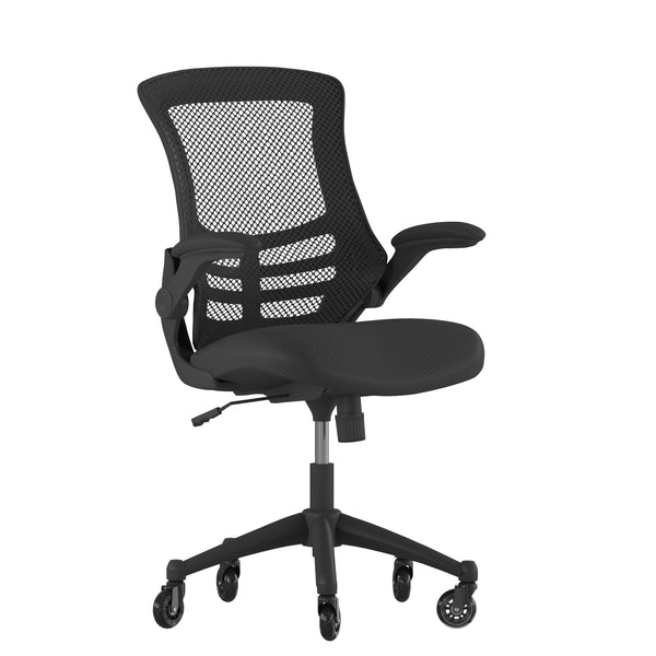 Black Mesh/Black Frame |#| Ergonomic Swivel Task Chair with Roller Wheels & Flip Up Arms - Black Mesh