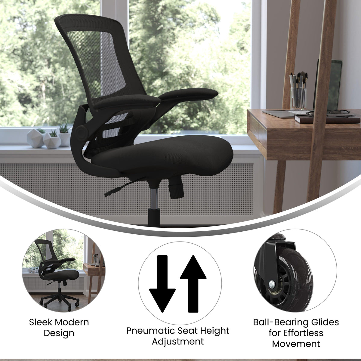 Black Mesh/Black Frame |#| Ergonomic Swivel Task Chair with Roller Wheels & Flip Up Arms - Black Mesh