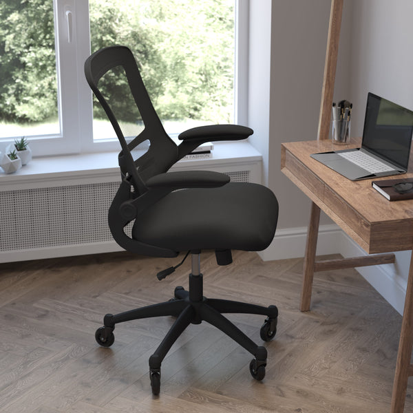 Black Mesh/Black Frame |#| Ergonomic Swivel Task Chair with Roller Wheels & Flip Up Arms - Black Mesh