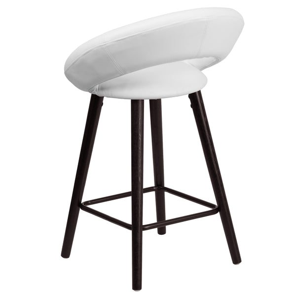 White |#| 24inch High Cappuccino Wood Rounded Back Counter Height Stool in White Vinyl