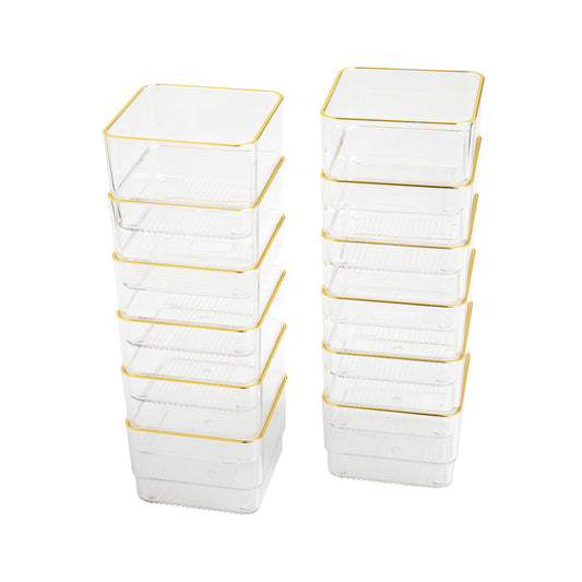 Kerry 12 Pack Plastic Stackable Office Desk Drawer Organizers with Metallic Trim, 3" x 3"