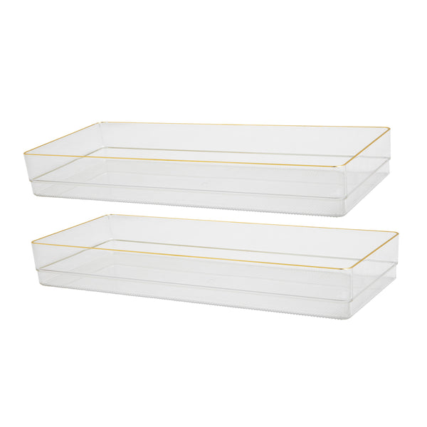 Set of 2 Plastic Stacking Desk Drawer Organizers with Gold Trim - 15 x 6