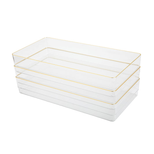 Kerry 3 Pack Plastic Stackable Office Desk Drawer Organizers with Metallic Trim, 12" x 6"