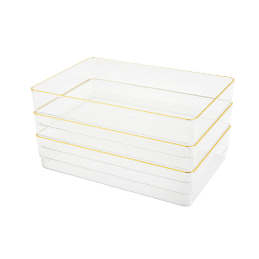 Kerry 3 Pack Plastic Stackable Office Desk Drawer Organizers with Metallic Trim, 9" x 6"