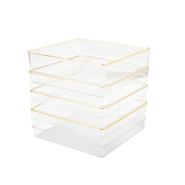 Set of 4 Plastic Stacking Desk Drawer Organizers with Gold Trim - 6 x 6