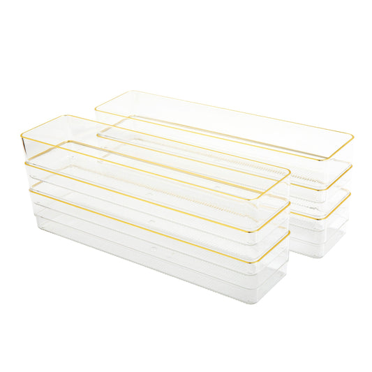 Kerry 6 Pack Plastic Stackable Office Desk Drawer Organizers with Metallic Trim, 12" x 3"