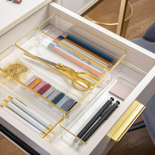 Kerry 6 Pack Plastic Stackable Office Desk Drawer Organizers with Metallic Trim, 12" x 3"