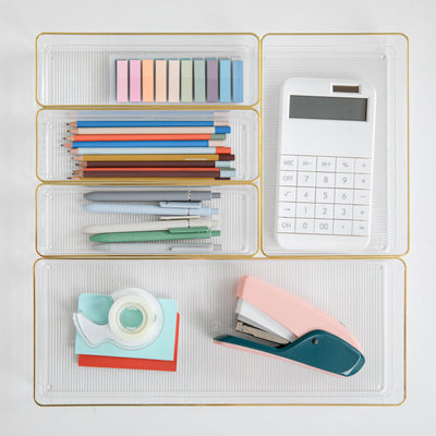 Kerry Plastic Stackable Office Desk Drawer Organizers with Metallic Trim, Various Sizes, Set of 5 - View 2