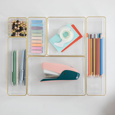Kerry Plastic Stackable Office Desk Drawer Organizers with Metallic Trim, Various Sizes, Set of 6 - View 2