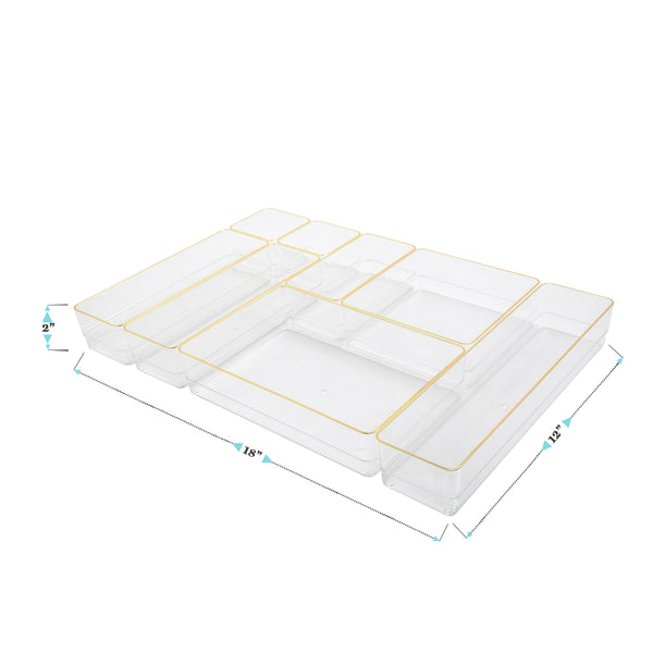 Set of 8 Plastic Stacking Office Desk Drawer Organizers with Gold Trim