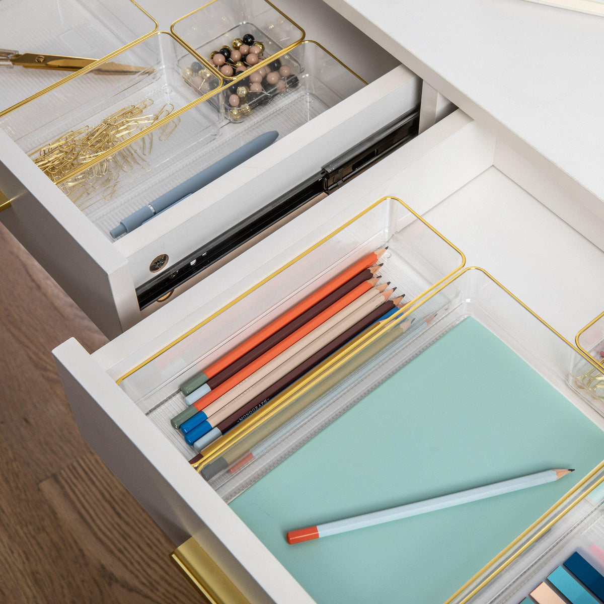 Set of 8 Plastic Stacking Office Desk Drawer Organizers with Gold Trim