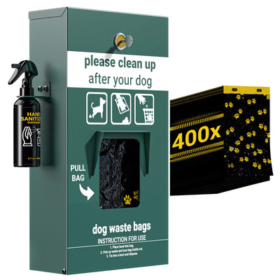 Kessler Locking Dog Waste Bag Dispenser with Glow in the Dark Sign, Hand Sanitizer Bottle and Rain Guard - 400 Pull Out Header Bags Included