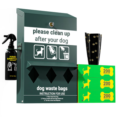 Kessler Locking Dog Waste Bag Dispenser with Glow in the Dark Sign, Hand Sanitizer Bottle and Rain Guard - 600 Roll Bags Included - View 1