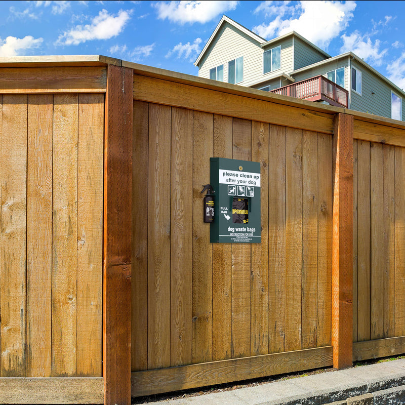 Kessler Locking Dog Waste Bag Dispenser with Glow in the Dark Sign, Hand Sanitizer Bottle and Rain Guard - 600 Roll Bags Included