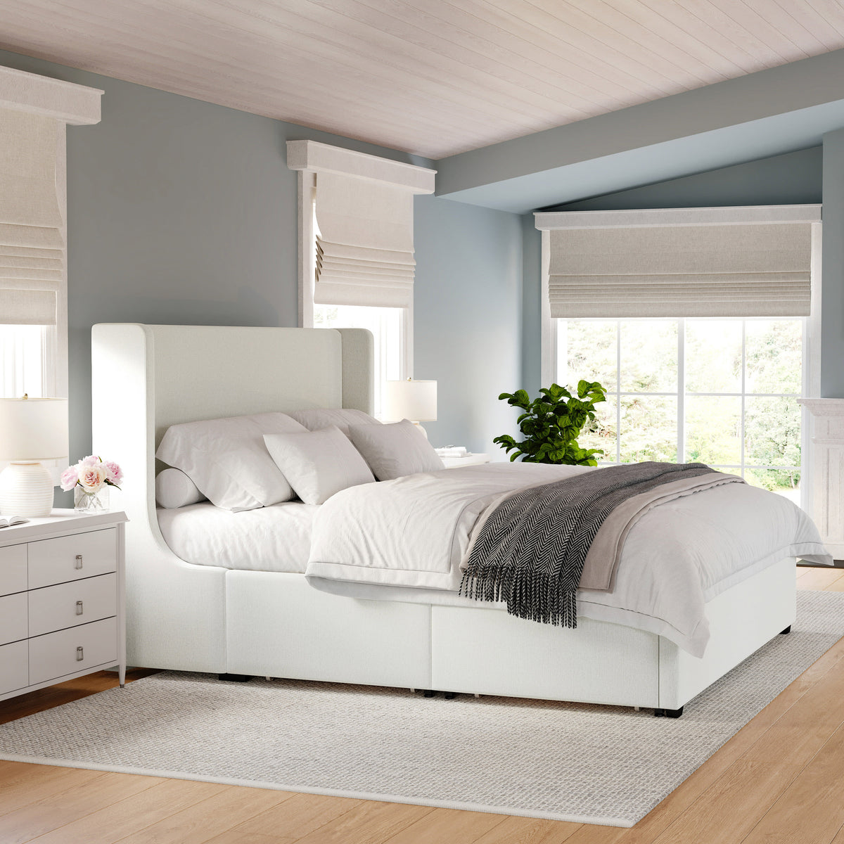 King |#| King Wingback Platform Storage Bed with 4 Side Storage Drawers in Off White
